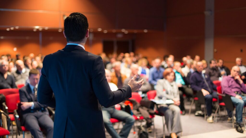 giving his keynote speech